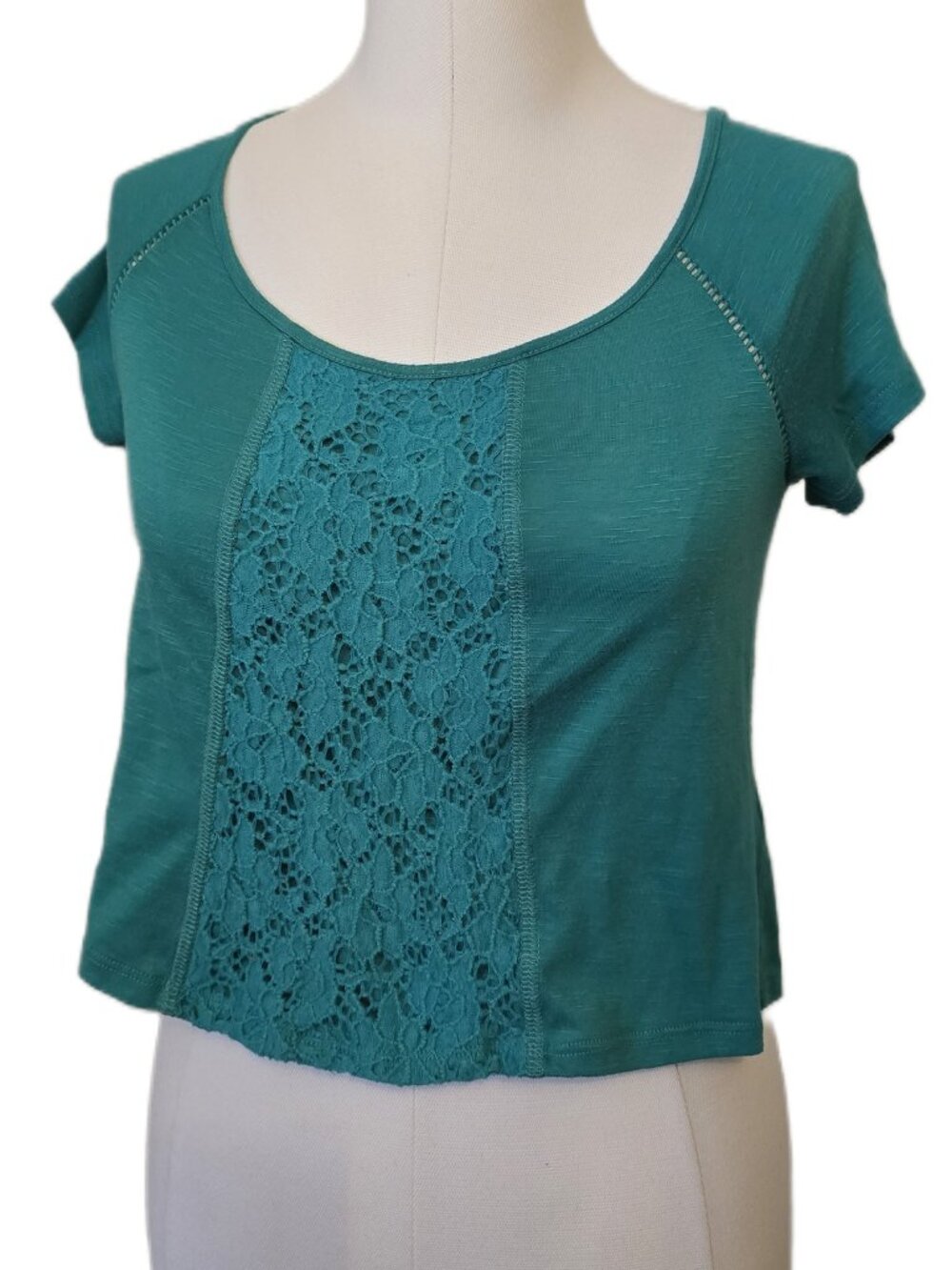 Womens Teal Green Blue Crochet Lace Center Crop Tee Boho Fairycore Festival S